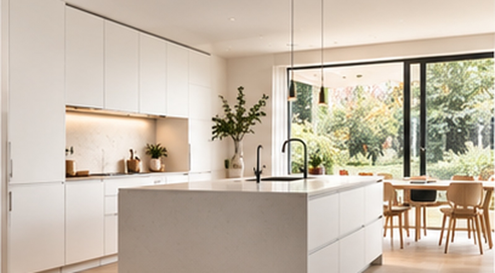 Moderne witte keuken met kookeiland